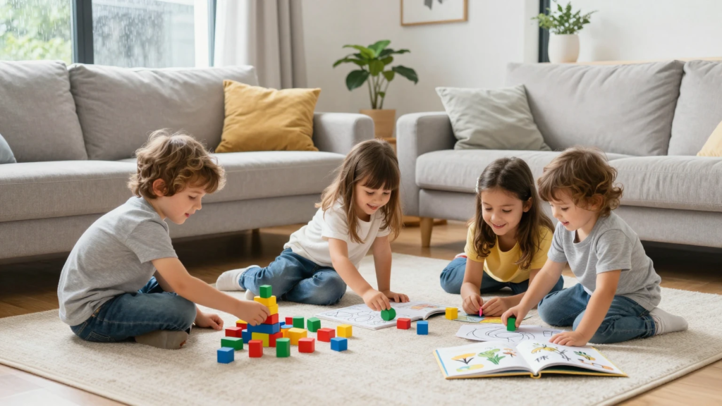 Preschool children enjoying indoor activities on a rainy day at home